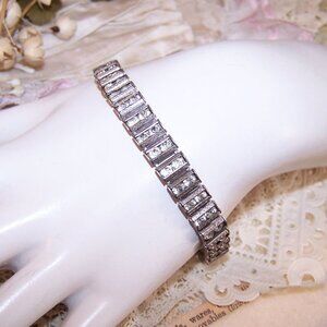 Art Deco Catamore Sterling Silver Rhinestone Line Bracelet - 7" Long